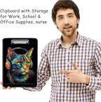 Clipboard with Storage, High Capacity Plastic Storage Clipboard with Low Profile Clip for Women Teachers Work, School & Office Supplies, Cute Pattern Decorative Clipboards, Headset Cat