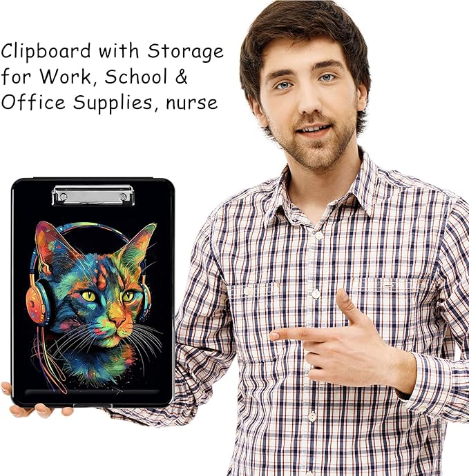 Clipboard with Storage, High Capacity Plastic Storage Clipboard with Low Profile Clip for Women Teachers Work, School & Office Supplies, Cute Pattern Decorative Clipboards, Headset Cat