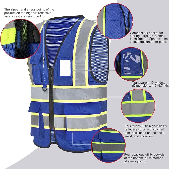 A-SAFETY Mesh High Vis Vest Lightweight Reflective Construction Vest with Pockets Safety Vest for Men/Women