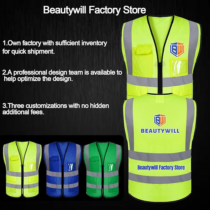 BeautyWill 10/20 Pack Custom Logo Safety Vest,Bulk High Visibility Class 2 Reflective Work Vests