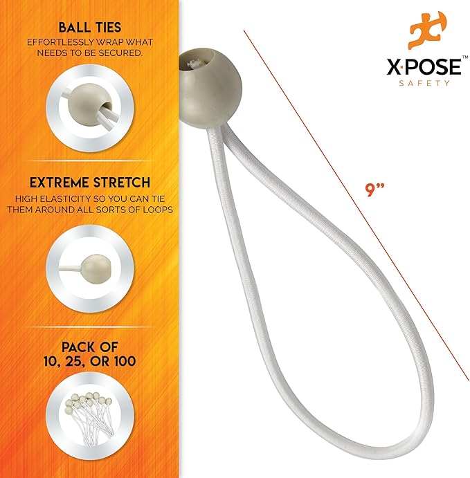 Xpose Safety Bungee Ball Cords 9" 10 Pack Heavy Duty White Stretch Rope with Ball Ties for Canopies, Tarps, Walls, Cable Organization