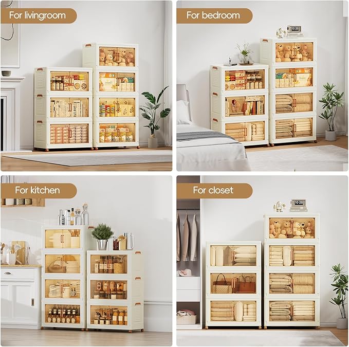 JEKO&JEKO 324 Qt Collapsible Storage Cabinets with Front-Open Doors & Wheels, 3-Pack Extra Large Stackable Plastic Organizers with Lids for Home, Bedroom & Garage Organization, Cream
