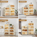 JEKO&JEKO 324 Qt Collapsible Storage Cabinets with Front-Open Doors & Wheels, 3-Pack Extra Large Stackable Plastic Organizers with Lids for Home, Bedroom & Garage Organization, Cream