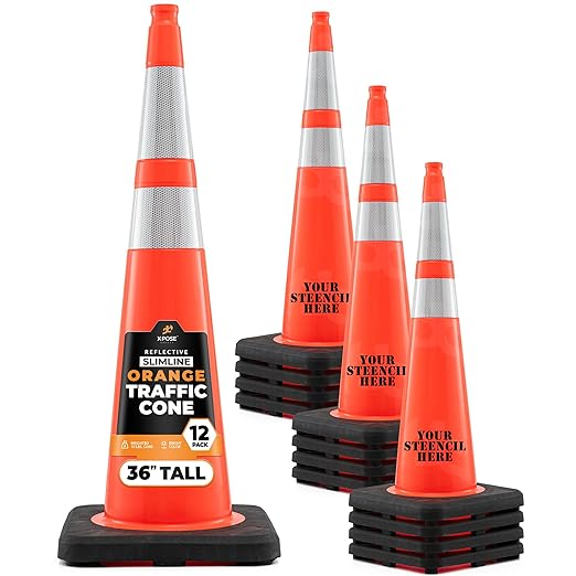 Xpose Safety 36 Inch Orange Slim Line Traffic Cones with 6" & 4" Collars, 12 Pack Multipurpose PVC Plastic Safety Cone for Parking, Soccer, Caution, Kids & Construction - DOT Approved