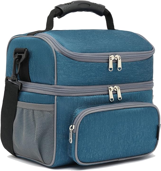FlowFly Double Layer Cooler Insulated Lunch Bag Adult Lunch Box Large Tote Bag for Men, Women, With Adjustable Strap,Front Pocket and Dual Large Mesh Side Pockets