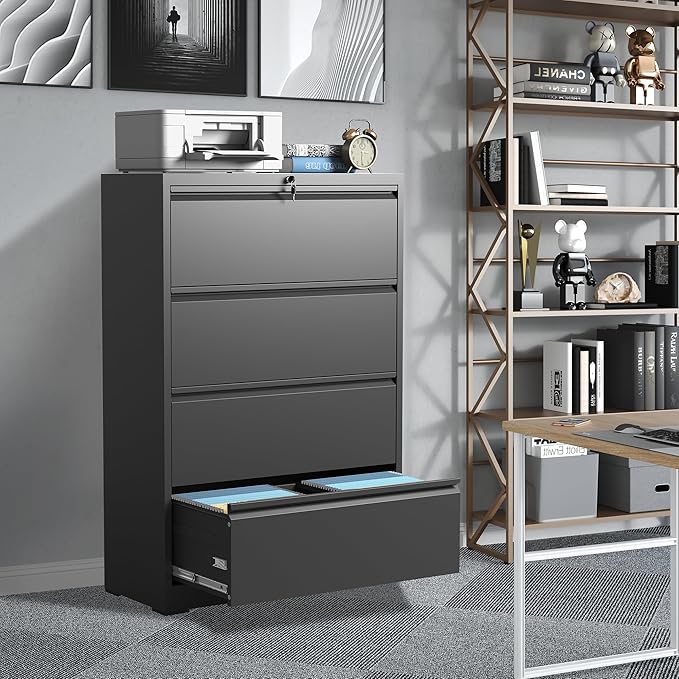File Cabinets 4 Drawer,Metal Office Storage Filing Cabinet with Lock,Black Lateral Filing Cabinet for Home Office,Horizontal Locking File Cabinet for Legal/Letter/A4 Files,Assembly Required