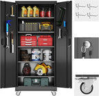 Garage Storage Cabinet with 5 Adjustable Shelves and Door Pegboard,Metal Storage Cabinet with Wheels for Garage Home,Required Assembly,Black, 71" H×32" W×16" D