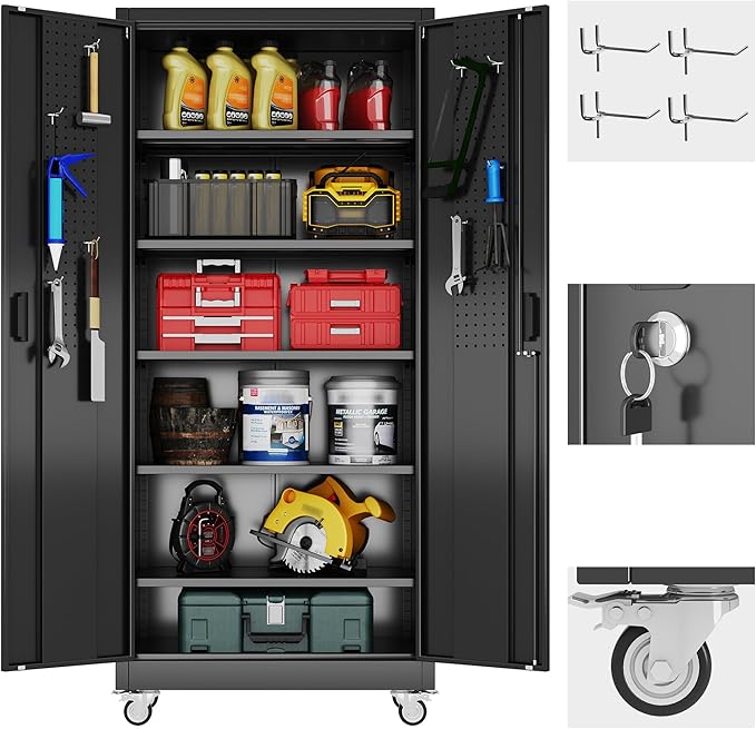 Garage Storage Cabinet with 5 Adjustable Shelves and Door Pegboard,Metal Storage Cabinet with Wheels for Garage Home,Required Assembly,Black, 71" H×32" W×16" D