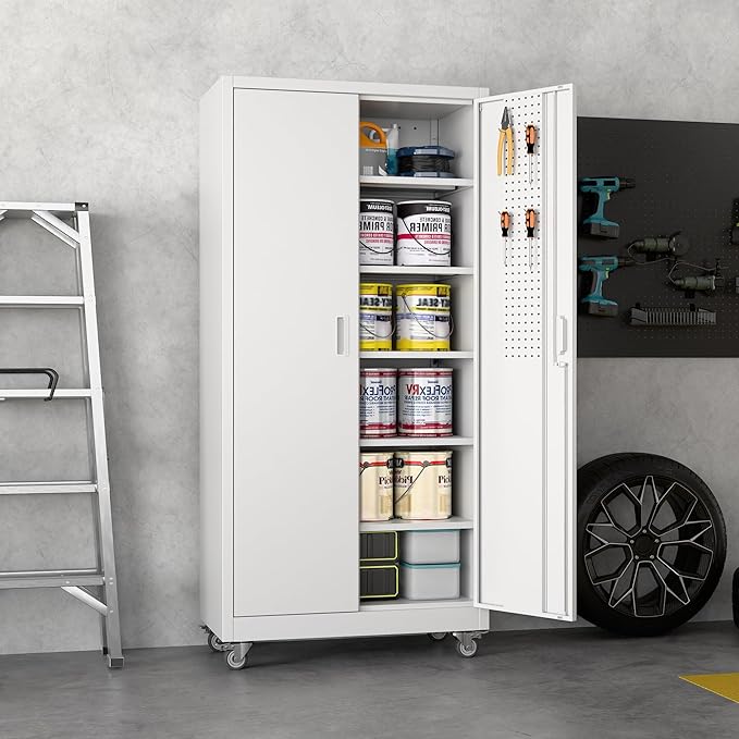 Metal Storage Cabinet with Wheels and Pegboard,71" H x 32" W x 16" D Garage Storage Cabinet with 2 Doors and 5 Adjustable Shelves for Garage, Home, Warehouse, Closet, Assembly Required, White