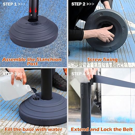 6 Pack Crowd Control Stanchions with 10FT Retractable Belt, Water Filled Base, Black Barrier Posts for Queue Management, Events, and Public Safety