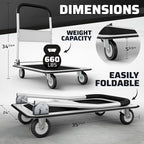 Heavy Duty Foldable Push Cart Dolly | 660 lbs. Capacity | Upgraded Collapsible Hand Truck Folding Platform with Swivel Wheels | Flat Bed Moving Wagon | Space Saving Push Handle (White)
