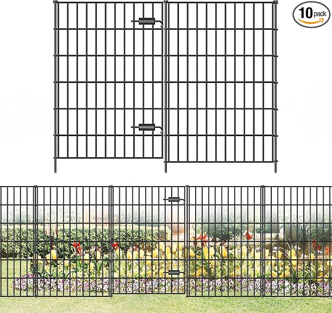 Metal Garden Fence with Gate 40in (H) x 23.3ft (L), 1 Gate + 9 Panels Dog Fence Border Fence Animal Barrier, No Dig Garden Fencing for Yard Flower Bed Lawn Patio Outdoor, PIN402810G Black