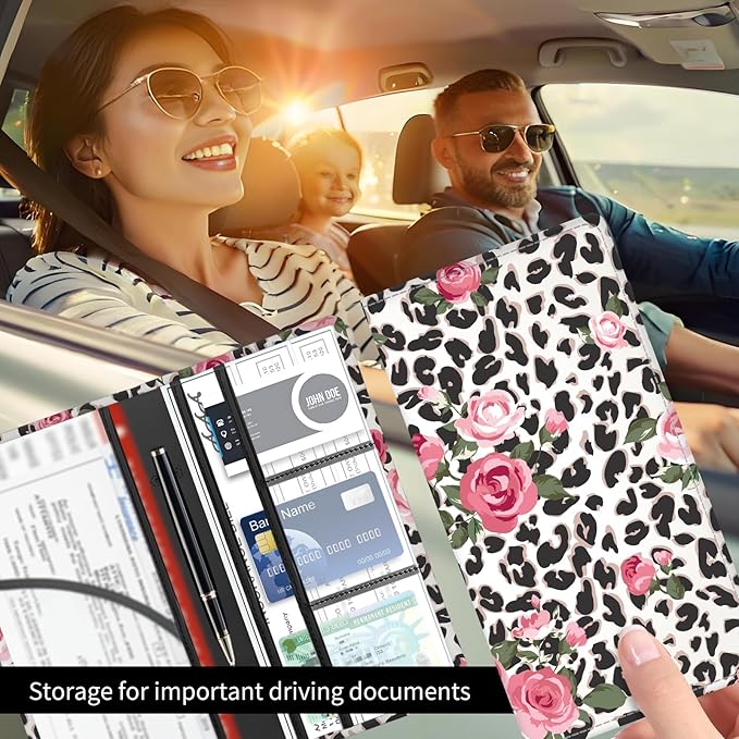 Premium Car Registration and Insurance Card Holder, Cute PU Leather Car Document Holder, Vehicle Glove Box Car Organizer with Magnetic Closure for Driver License, Cards Leopard Rose