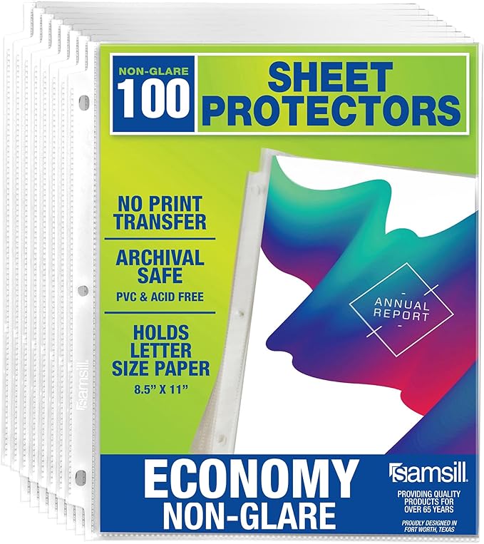 Samsill 100 Pack Sheet Protectors, 8.5x11 Inch Page Protectors for 3 Ring Binder, Standard Weight, Non-Glare Protector, Letter Size, Top Loading, Acid Free