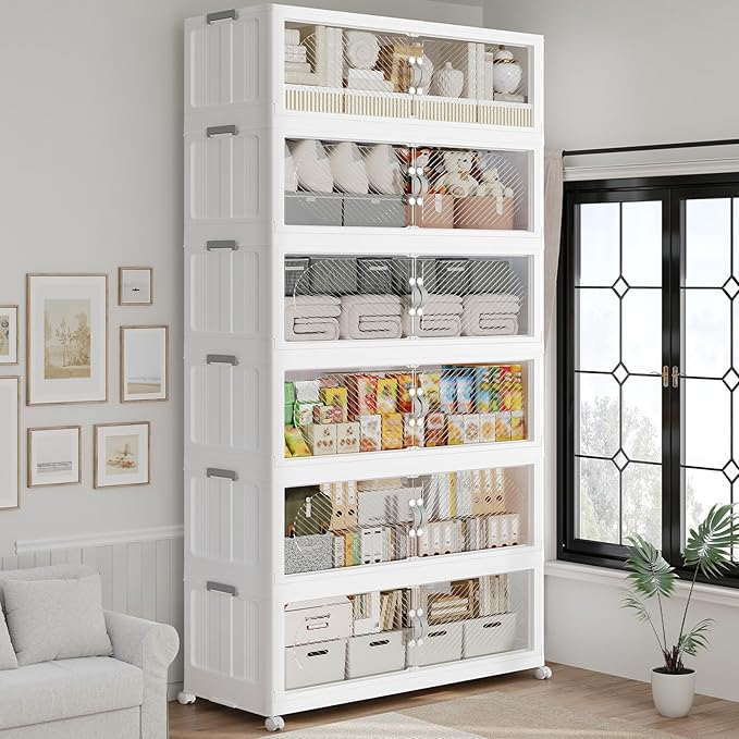 180GAL Plastic Storage Bins with Lid, 720QT Extra Large Stackable Closet Organizers and Storage, Collapsible Storage Boxes with Wheels, Folding Cabinet for Home Kitchen Office, 6Pack White