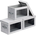 Storage Boxes with Lids - 3 Pack Fabric Clear Window Storage Bins, Collapsible Storage Bins with Lids, Linen Closet Organizer for Clothes, Towel, Blanket, Light Grey
