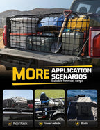 Cargo Net for Pickup Truck Bed - Stretchable 4' x 6' to 8' x 12' with 4" x 4" Mesh, Heavy Duty 10mm Cord Bungee Bed Netting with 12 Metal Carabiners - Ideal for ATV, SUV, UTV and Truck