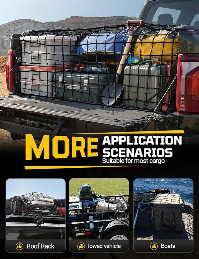 Cargo Net for Pickup Truck Bed - Stretchable 5' x 7' to 10' x 14' with 4" x 4" Mesh, Heavy Duty 10mm Cord Bungee Bed Netting with 12 Metal Carabiners - Ideal for ATV, SUV, UTV and Truck