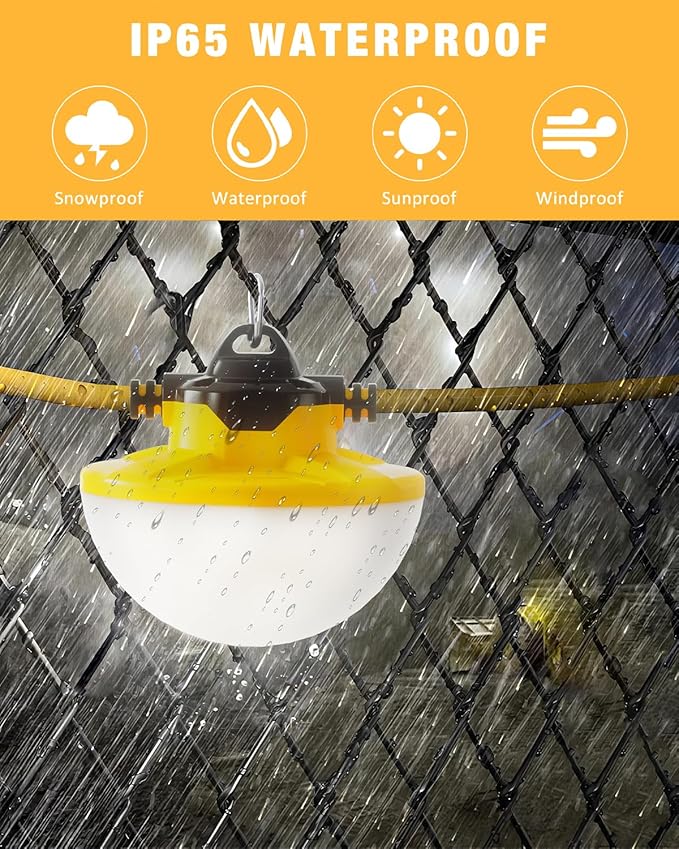 50FT Construction String Light 65W 8000Lm, 5000K Industrial Grade LED String Work Lights, IP65 Waterproof Temporary Lighting for Construction Sites, Renovation, Mine Cave, Job Site, Walkways
