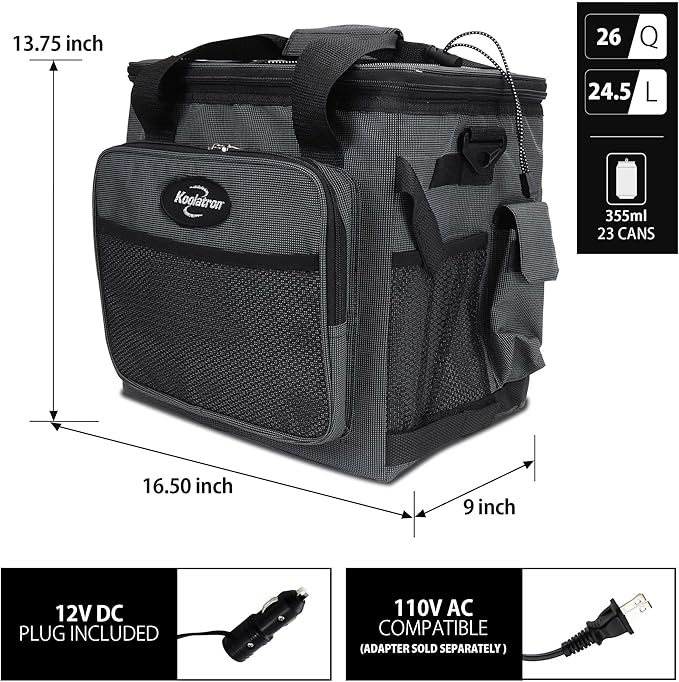 Koolatron Electric Portable Cooler Plug in 12V Car Cooler Bag, 26 qt (25 L) Black/Gray Soft-Sided Portable Car Fridge w/DC Power Cord, Adjustable Shoulder Strap, Cord Storage, Road Trip