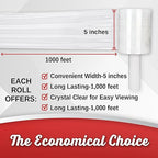 2 Pack Industrial Strength Mini Hand Stretch Wrap 5" 1000 Ft Roll 80 Gauge Thick, Shrink Wrap Roll for Moving Supplies, Furniture, Pallets, Plastic Wrap for Packing, Heavy Duty Stretch Film