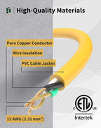 50Ft 12/3 Outdoor Extension Cord with 3-Outlets, Heavy Duty 12 Gauge 3 Prong Extension Cord Waterproof with Lighted end, 15A 12AWG 1875W SJTW, ETL Listed - Great for Garage, Garden and Home, Yellow