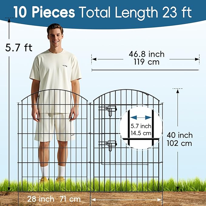 Metal Garden Fence 40 in H x 28 in W 10 Panels (9 Panels + 1 Gate) Total Length 23 ft, No Need Dig Rustproof Animal Barrier Fencing Border Fence for Dog, Patio,Yard, Landscape, Flower Bed
