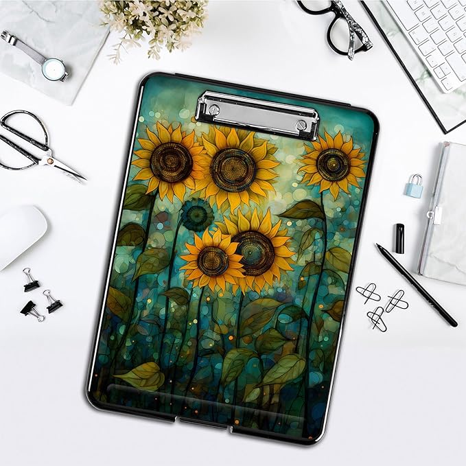 Clipboard with Storage,Office Supplies Nursing Clipboards Folder with Pen Holder Plastic Foldable Clip Board with Storage for Nurse Teacher,Art Sunflowers
