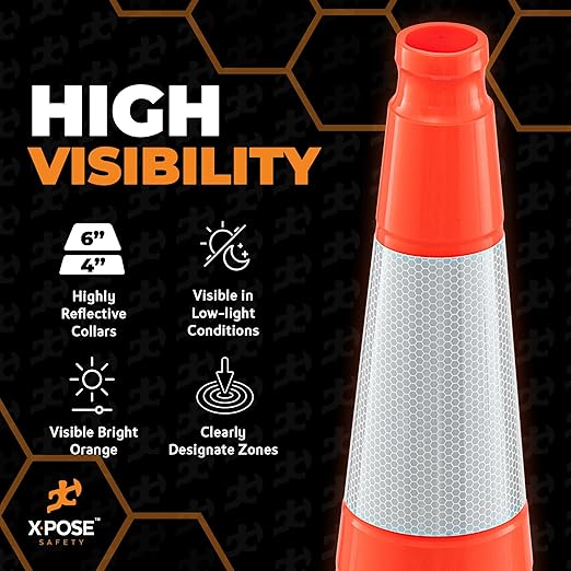 Xpose Safety 36 Inch Orange Slim Line Traffic Cones with 6" & 4" Collars, 1 Pack Multipurpose PVC Plastic Safety Cone for Parking, Soccer, Caution, Kids & Construction - DOT Approved