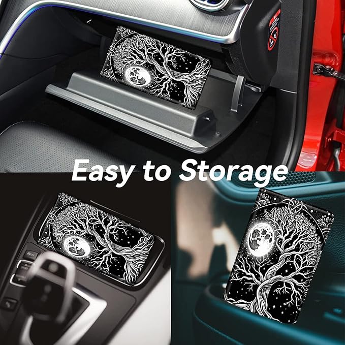 Car Registration and Insurance Holder, Leather Car Glove Box Organizer, Cool Car Accessories for ID, Driver's License Cards & Essential Document,business cards,Men&WomenBlack White Tree Moon
