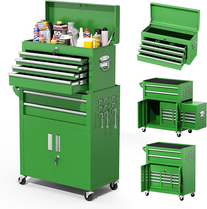 Greenvelly 8-Drawer Rolling Tool Chest, Metal Tool Chest with Wheels, Tool Cabinet with Detachable Top Tool Box, Metal Tool Cart with Liner & Hooks for Garage, Workshop, Warehouse (Green)