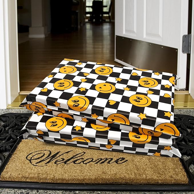 Poly Mailers 14.5x19 Inch 50 Pcs - Smiles Checkerboard Printed Shipping Bags, Waterproof and Tear Resistant Mailing Envelopes, Self-Sealing Packaging Bags for Small Business