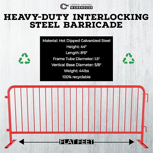 Angry Bull Barricades Metal Interlocking Steel Barricade (8.5 Ft. Heavy Duty, Flat Feet, Red Powder Coated, Set of 20)