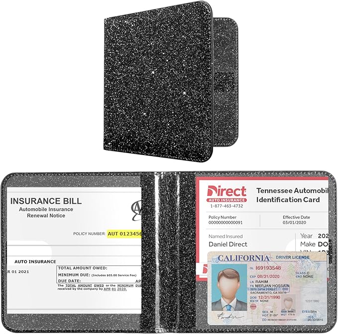 CoBak Car Registration and Insurance Holder - Vehicle Glove Box Car Organizer, Auto Truck Comparment Accessories Case for Essential Document, Driver License, Cards (Glitter Black)