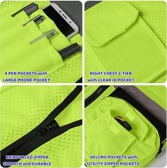 BeautyWill Custom Logo Safety Vest Mesh High Visibility Reflective Vest Customized Logo Utility Zipped Pockets Construction Workwear （Yellow,XXL）