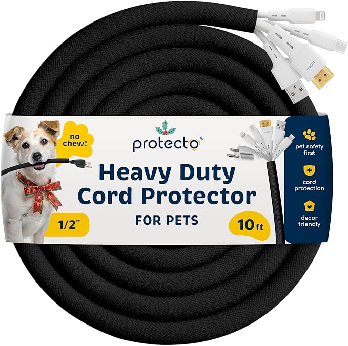 PROTECTO Heavy Duty Dog & Cat Cord Protector 10ft Long Sleeve, Easy-to-Use 1/2 in Cord Cover for Pet, Odorless Black Color, No Chew Solution for Power, Audio & Video Wire Tubing, Fits 6-8 Cables