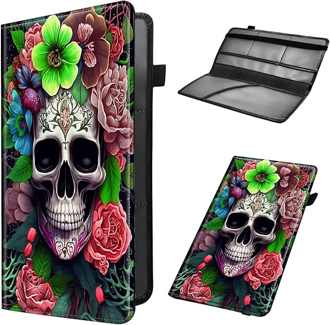 Car Registration and Insurance Holder, Leather Car Glove Box Organizer, Cool Car Accessories for ID, Driver's License Cards & Essential Document,business cards,Men&WomenSkull Pink Rose Flower