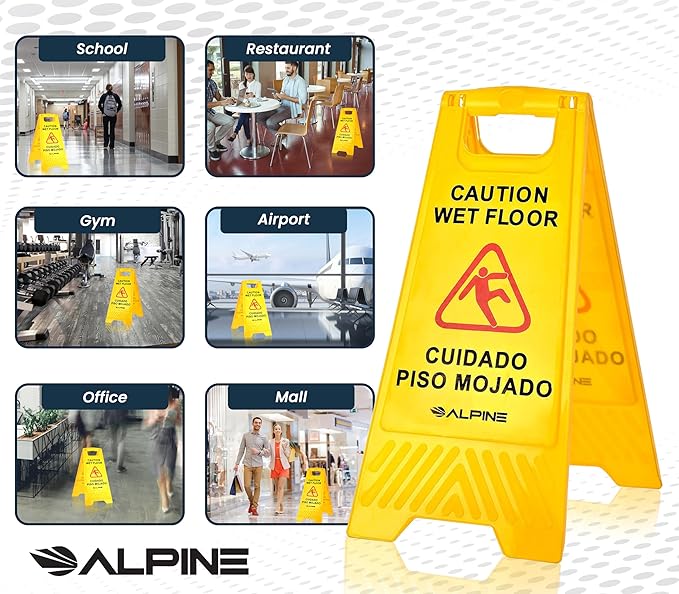 Alpine Wet Floor Signs 3 Pack - 24 Inch Caution Wet Floor Sign, High Visibility Yellow Slippery When Wet Sign - Bilingual Safety Warning Sign to Easily Avoid Slippery Accidents in High Traffic Areas