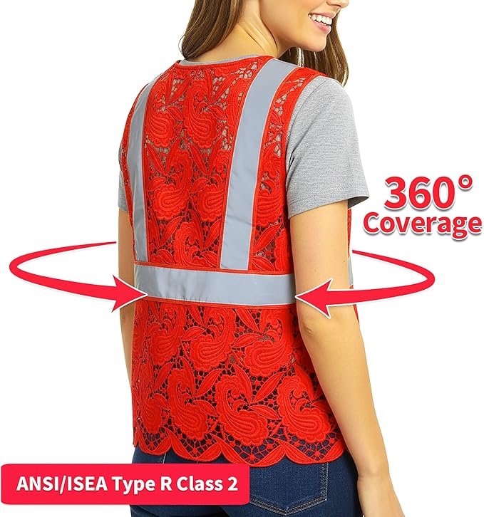 Lace-Mesh Safety Vest for Women & Men - Breathable, High Visibility Vest with Zipper & ANSI Class 2 Reflective Strips