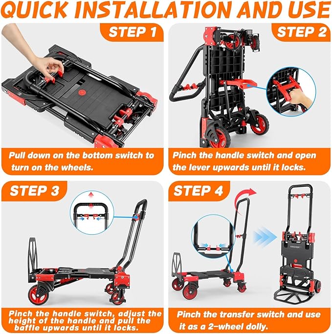 2-in-1 Folding Hand Truck with Folding Basket,Hand Truck with Retractable Handle, 330LBS Capacity Heavy Duty Hand Dolly, Dolly Cart with Wheels for Luggage/Moving/Travel