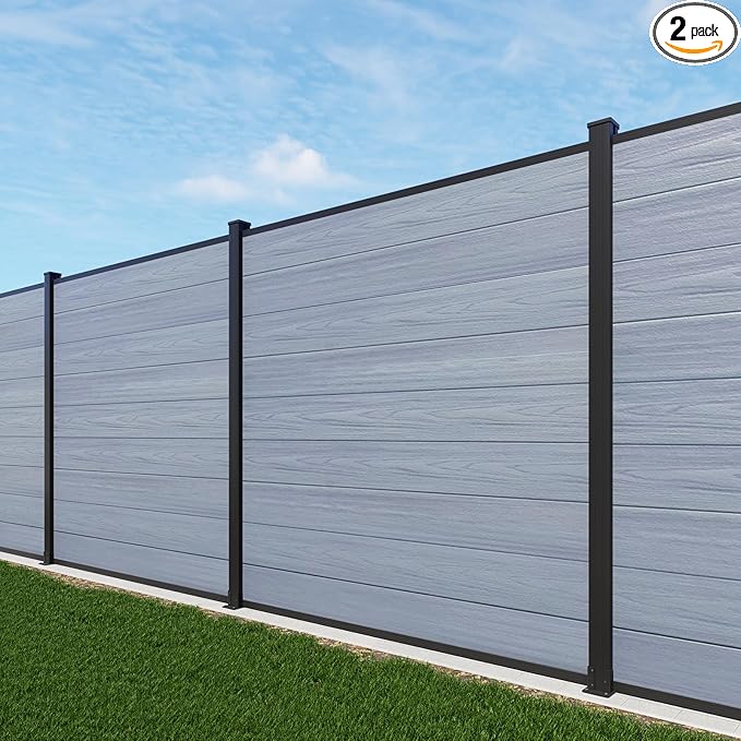 6x6Ft Outdoor Privacy Fence, Wind Resistant, Wood Plastic Composite Fence Panel with 2 Posts, Yard and Garden Fencing