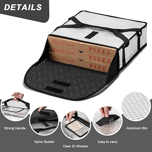 Pizza Bags for Delivery 22" X 22" X 5" - Moisture-Free, Professional Thermal Pizza Warmer, Heavy-Duty Food Carrier, Suitable for Restaurants,Picnic Uber Eats & Door Dash（Silver）