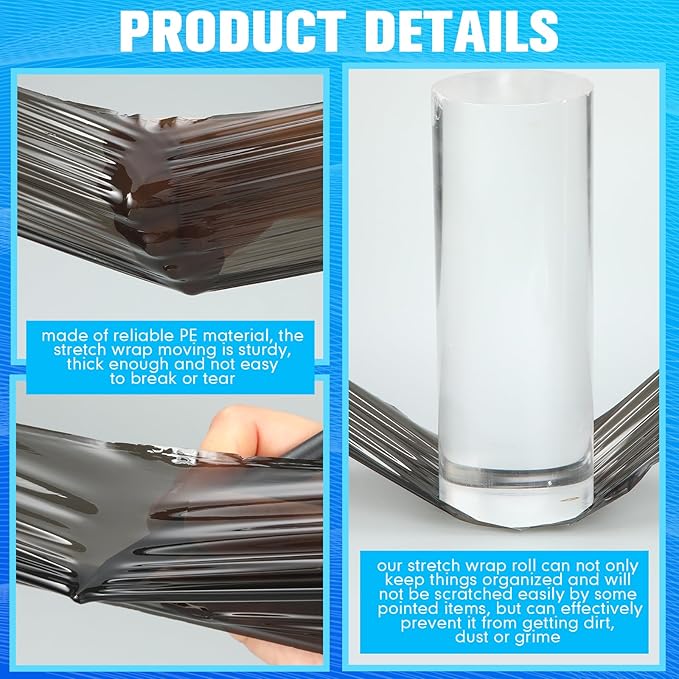 Jutom 16 Pcs Stretch Wrap Roll Plastic Wrap for Moving with 2 Handles 5 x 1000 ft Packaging Shrink Film Self Adhering Shipping Supplies for Moving Furniture Pallet(Black, Blue)