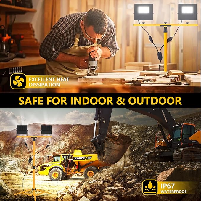 24000 Lumen Work Lights with Stand, 2 Adjustable Head LED Work Light with Adjustable and Foldable Tripod Stand, IP67 Waterproof Lamp Individual Switch with 16FT Cord for Outdoor Construction Lighting