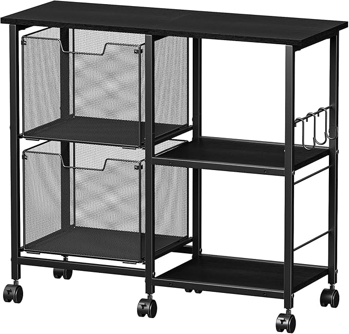 2 Drawer File Cabinet, Lateral Filing Cabinet, Rolling Printer Cabinet Cart with Open Storage Shelf, Office Storage with Wheels, Home Furniture, Black