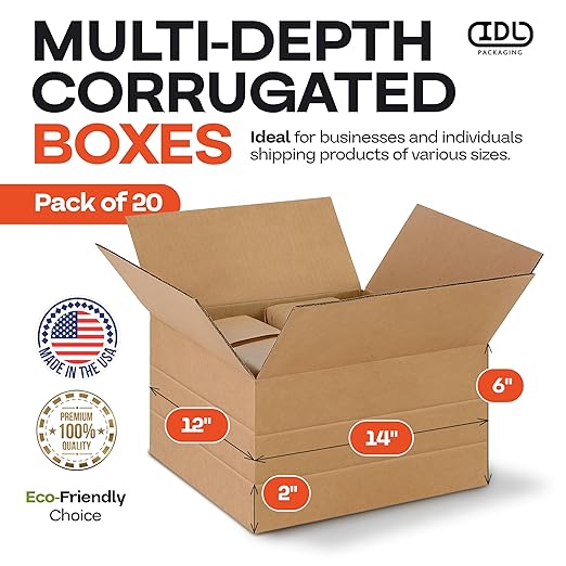 Multi-Depth Corrugated Shipping Boxes, 14"L x 12"W x 6"H, 20-Pack - USA-Made Boxes for Moving, Storage & Small Business Packaging - Heavy-Duty Cardboard Bines for Household & Office by IDL Packaging