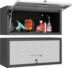 Garage Wall Cabinet with Flip-Up Door, Lockable Metal Storage Cabinet Wall Mounted, Hanging Tool Cabinet for Garage Basement Utility Room (Black &Grey)
