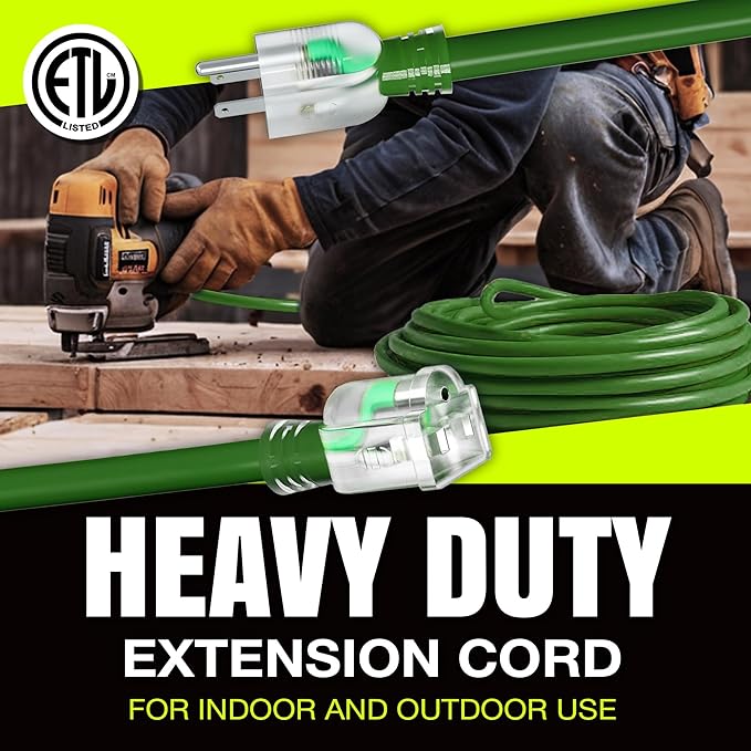 100ft Outdoor/Indoor Extension Cord 14/3 Gauge Heavy Duty 3 Prong SJTW, Waterproof, ETL Listed, Flexible Cold-Resistant Long Power Cord,13A 125V 1625W, Green by LifeSupplyUSA