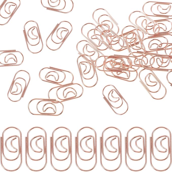 COHEALI 100Pcs Small Crescent Shaped Paper Clips Metal Decorative Clips Rose Gold Multi-Use Office Document Fasteners for Bills and School Supplies