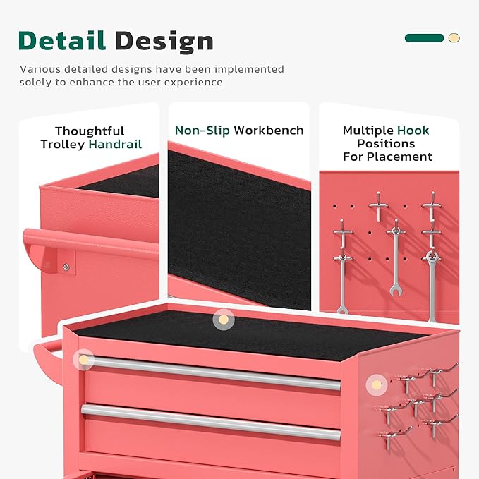 Greenvelly Tool Chest, 8-Drawer Rolling Tool Chest with Hooks and Lockable Wheels,Metal Storage Detachable Top Tool Box with Lockable Wheels for Garage,Workshop,Art Studio(Pink)